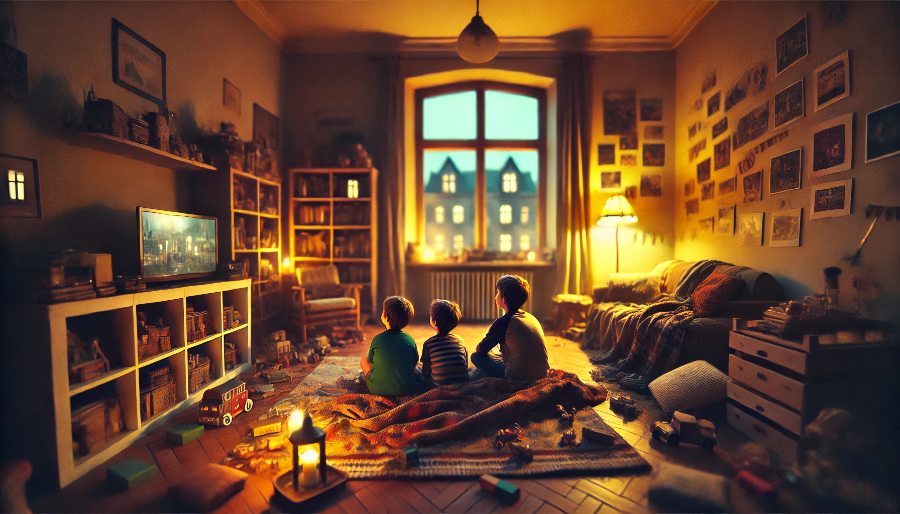 a group of siblings sitting on a rug in a room with a window waiting for their working parents