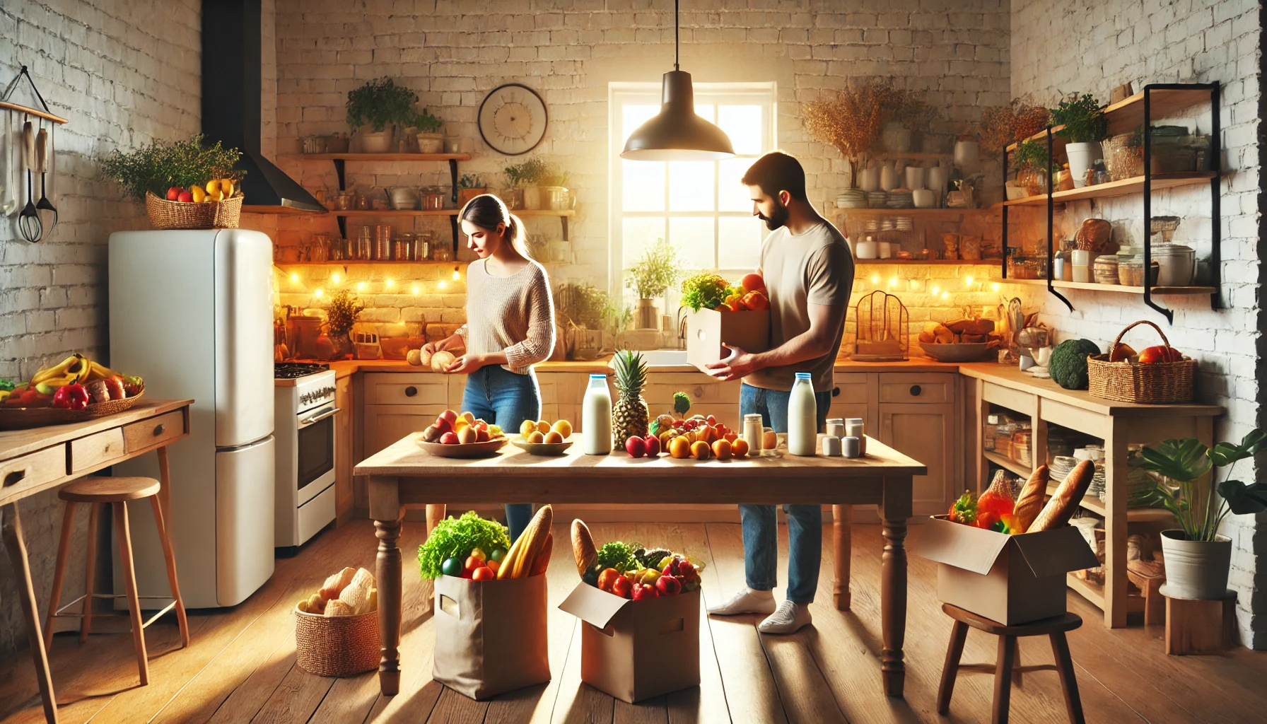 a man and woman in a kitchen fixing fresh produce