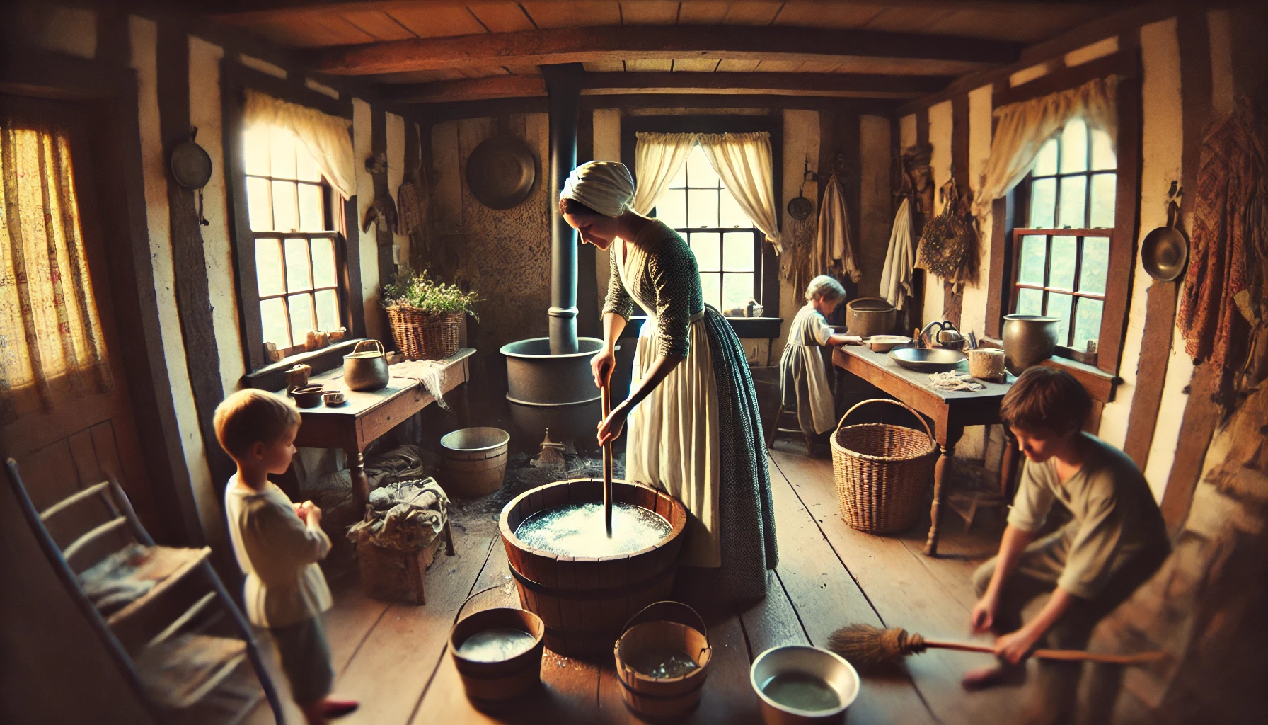 mother and children doing household chores