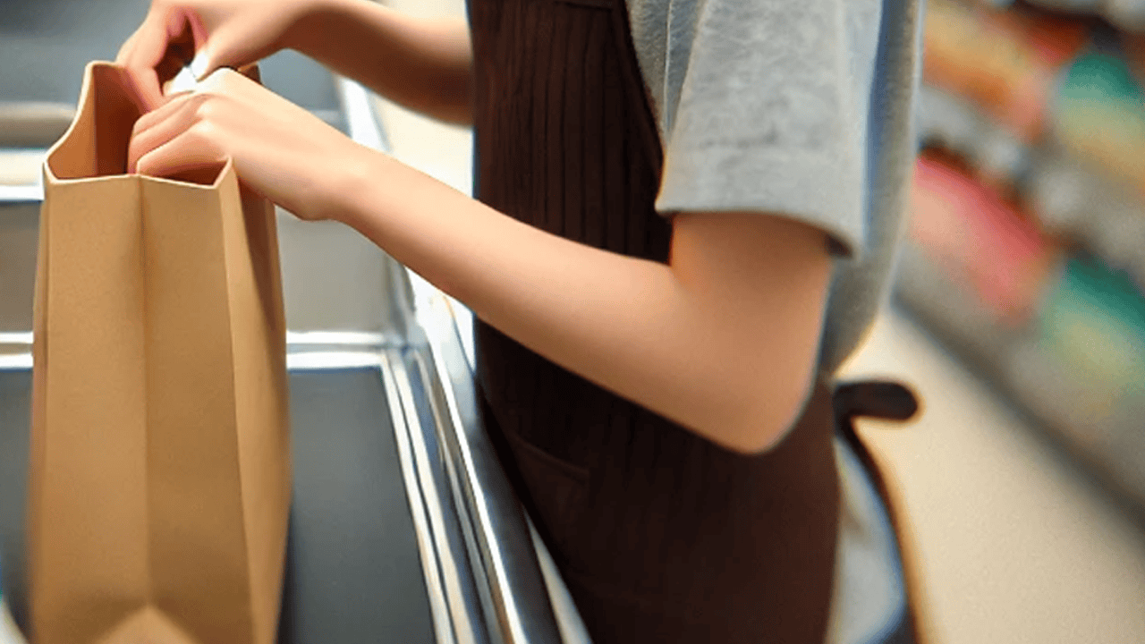 teenage worker bagging grocery