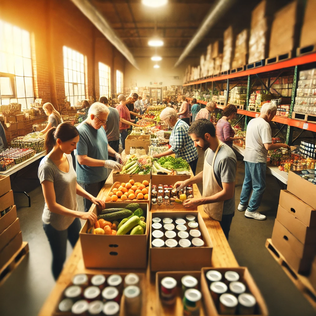 volunteers organizing food packages