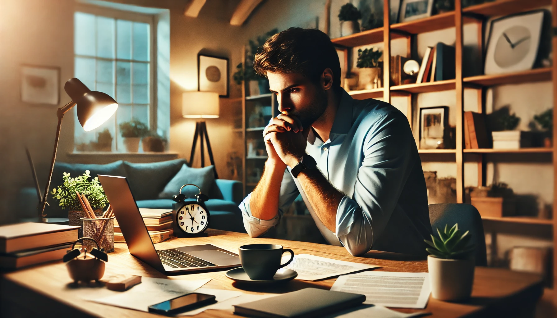 a man sitting at a desk with a laptop looking for another job