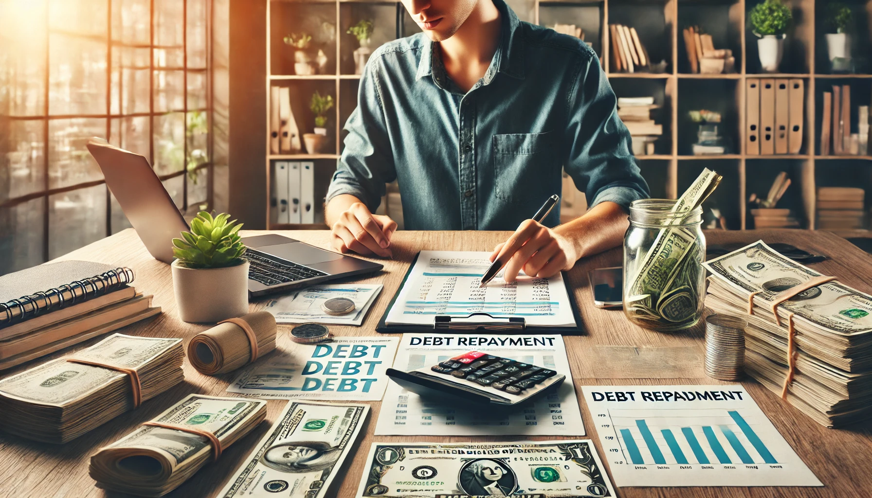 a man sitting at a desk with a laptop and a calculator, managing his debt