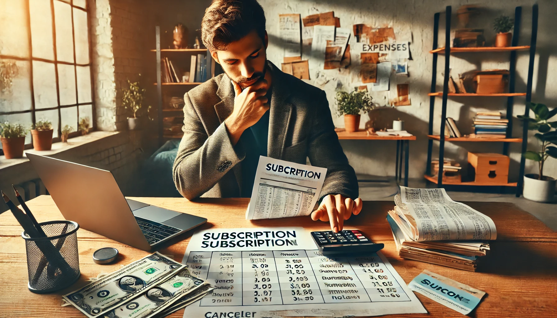 a man sitting at a desk with a calculator and papers, checking his susbcriptions