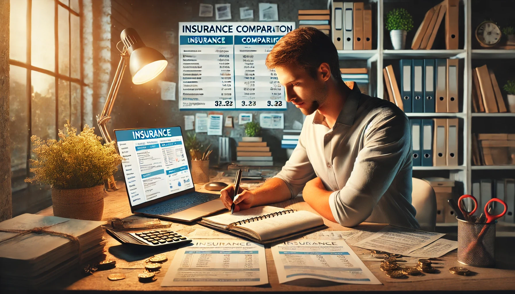 a man sitting at a desk, comparing insurance policies