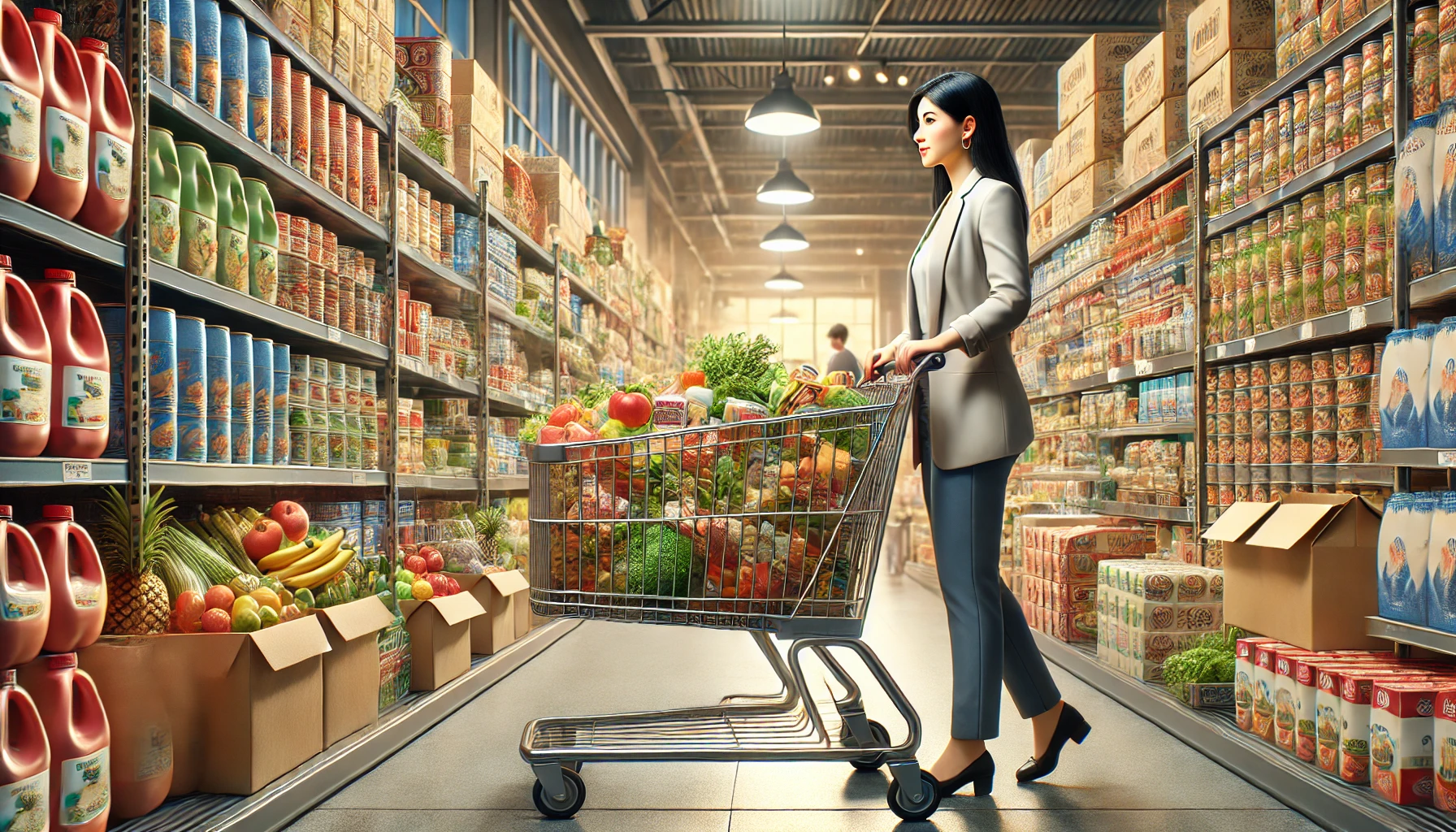 a woman pushing a shopping cart in a grocery store while bulk-buying