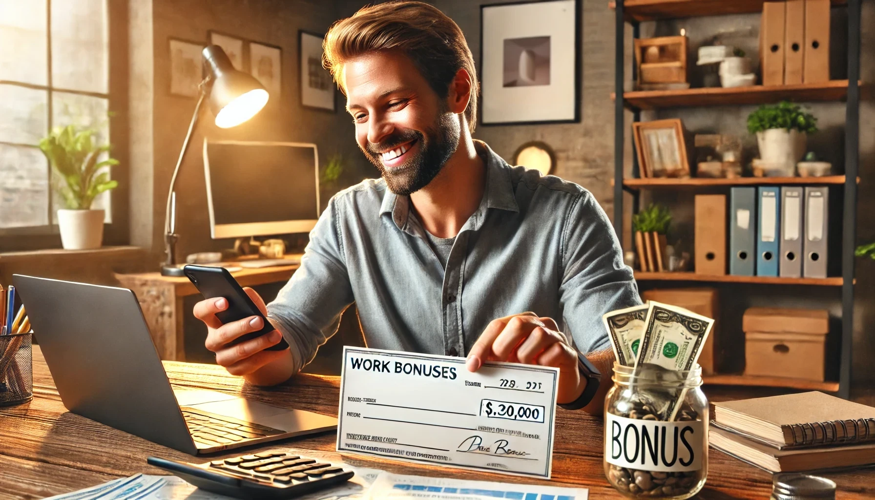 a man holding a check and a phone ready to save bonuses received