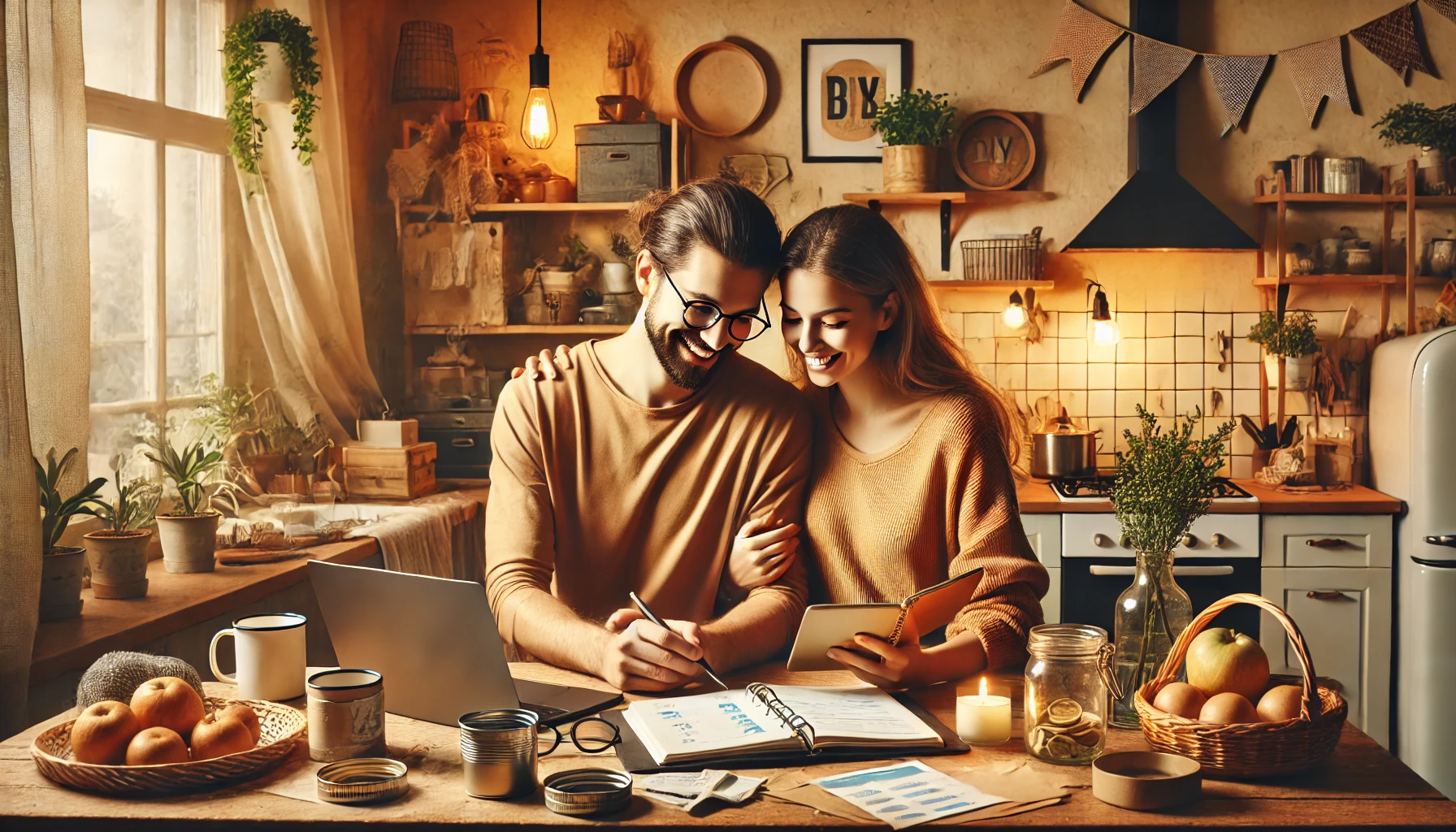 a man and woman looking at a tablet, planning budget 