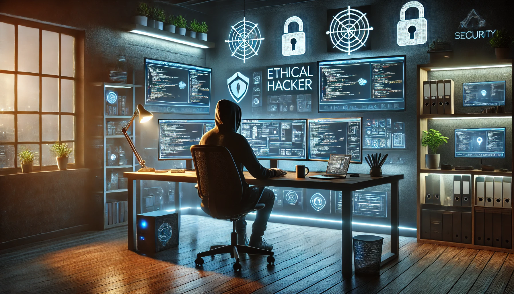 futuristic scene of an ethical hacker working